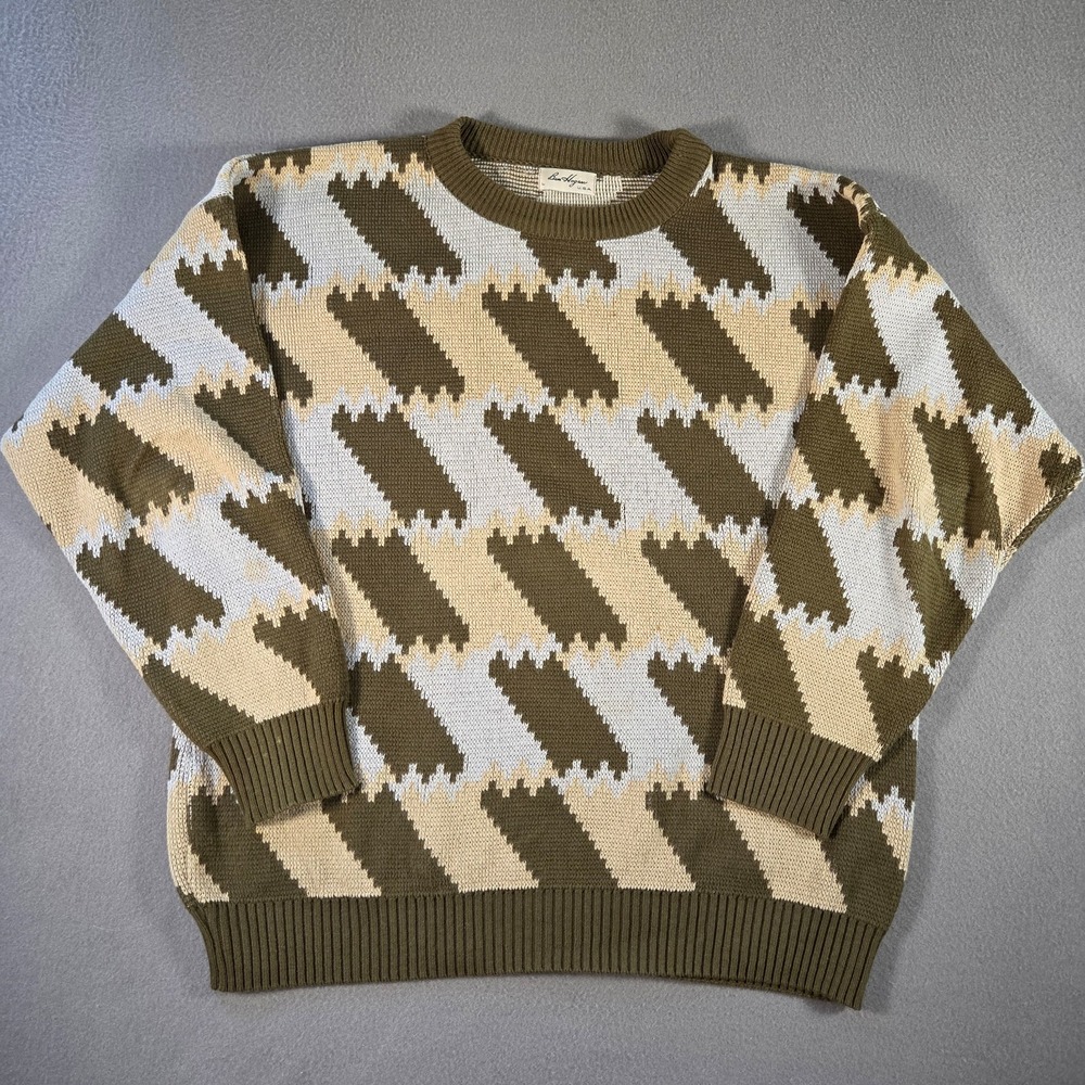 Vintage Ben Hogan Sweater Mens Large Olive Crewneck Geometric Cotton Made USA